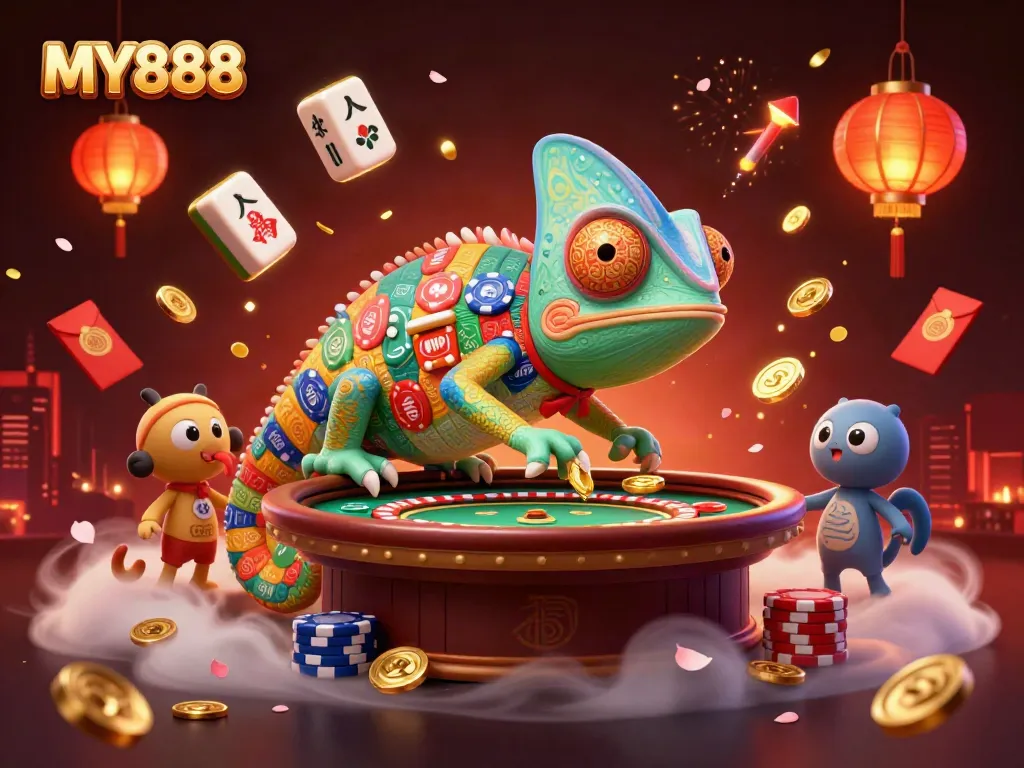 Experience thrilling wins at MY888 with a vibrant casino scene featuring dynamic elements and colors.