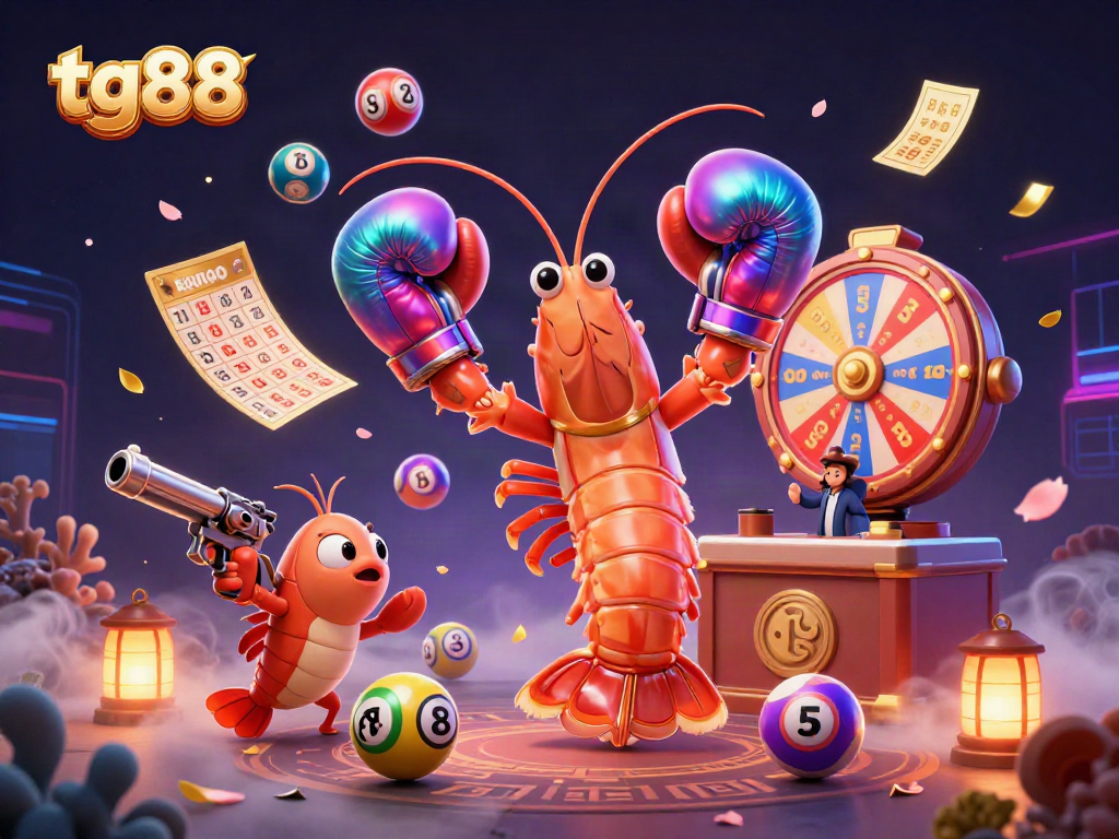 Engage with tg88's colorful lottery atmosphere featuring vibrant balls and challenging elements in this animated illustration.