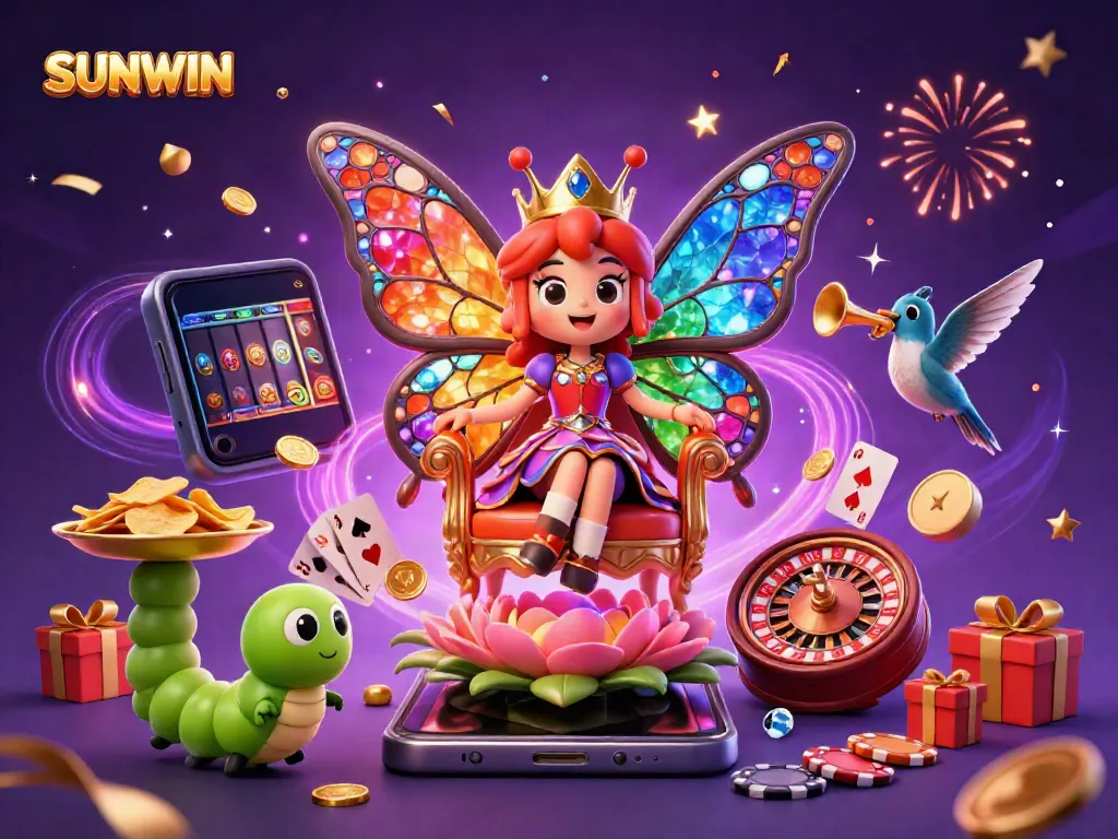 SUNWIN showcases a whimsical casino scene with a vividly colored butterfly queen amidst gaming elements.