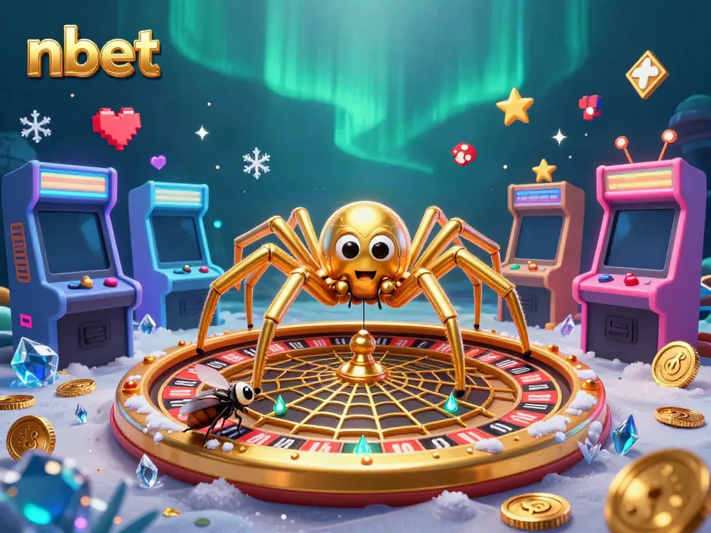 Engage with nbet's dynamic 3D casino scene featuring a spider web roulette and animated characters.