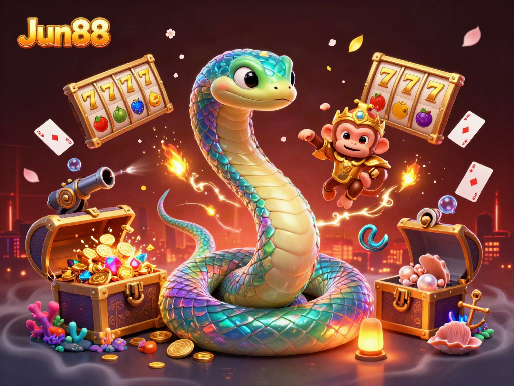 Experience the excitement of Jun88 with vibrant slots and fun characters in a captivating casino scene.