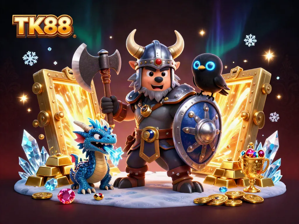 Engage with the thrilling universe of TK88 as a Viking wolf warrior battles alongside a fierce dragon in dynamic casino gameplay.