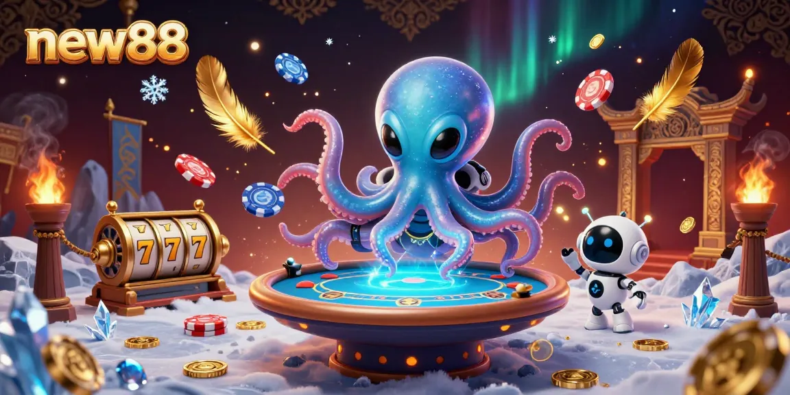 Experience thrilling gameplay at new88 with a dazzling 3D scene featuring an alien octopus and floating poker elements.