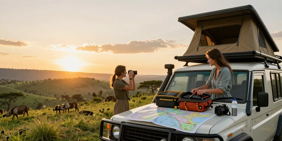 Car hire Uganda adventure with a couple preparing for a self-drive safari, showcasing a 4×4 vehicle and stunning Ugandan landscapes.