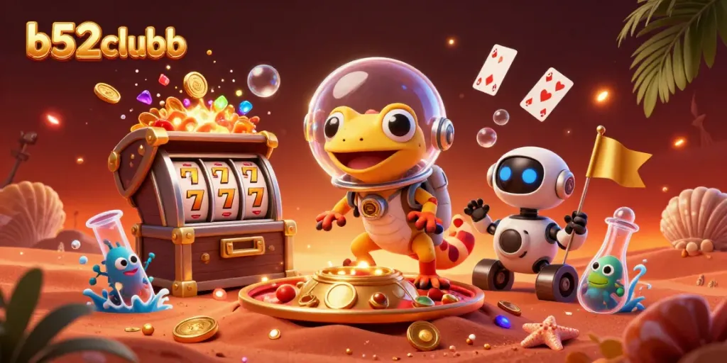 Experience the excitement of b52clubb with a vibrant 3D gaming scene featuring a Martian gecko discovering a golden casino.