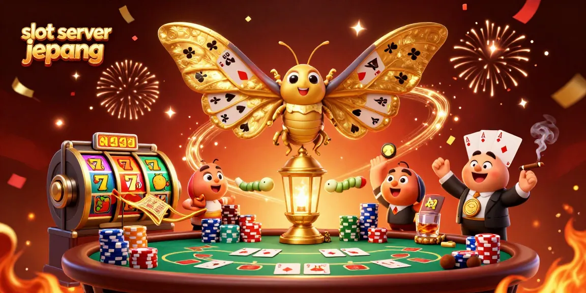 Experience thrilling action with slot server jepang in this vibrant illustration of a golden moth and casino elements.