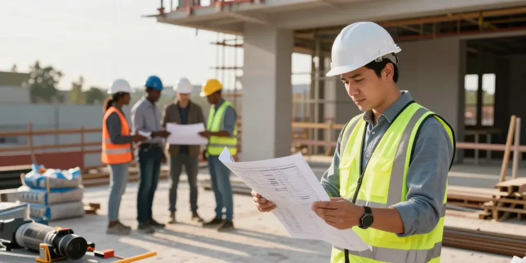 Quantity surveyor reviewing blueprints on a tablet at a busy construction site, focusing on project planning.