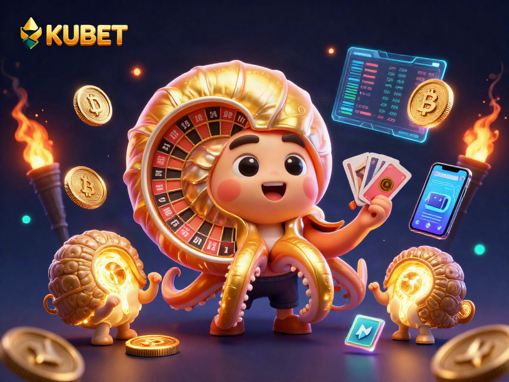 KUBET engages players with a dynamic 3D casino scene featuring crypto elements and vibrant visuals.