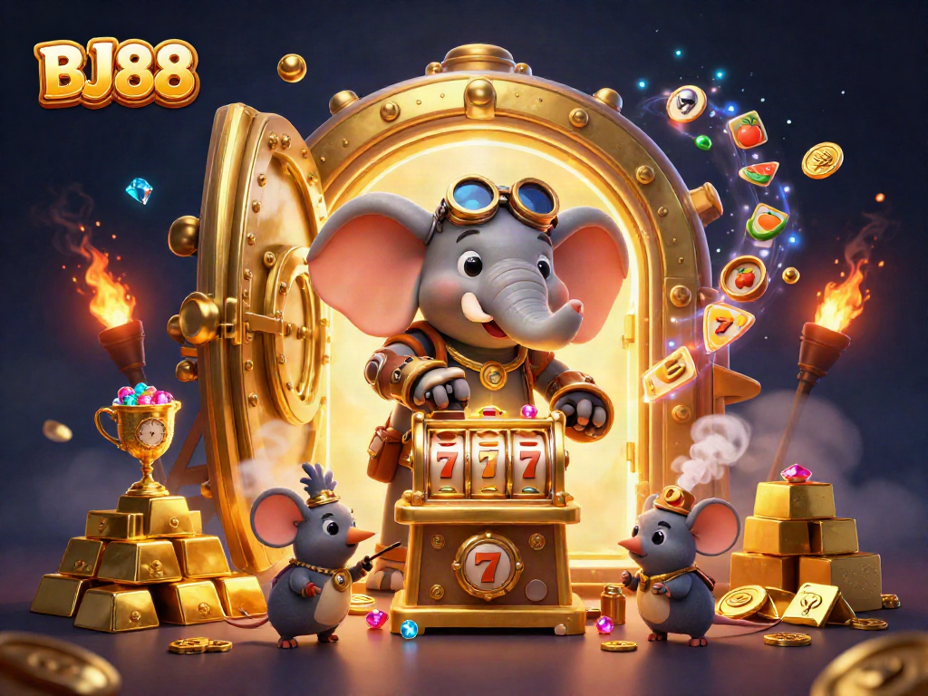BJ88 showcases vibrant gambling activity with a steampunk-inspired elephant at a golden slot machine.