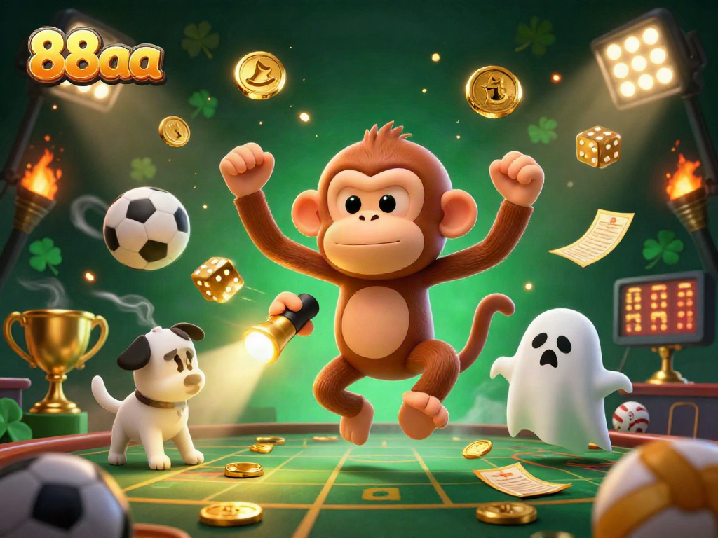 Experience the thrill of 88aa with a ghost-hunter puppy tracking a mischievous monkey in a haunted casino.