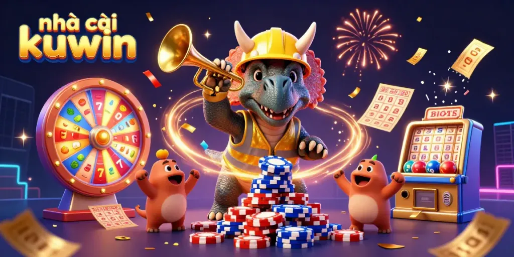 Celebrate with nhà cái kuwin's vibrant casino scene showcasing exciting game elements and dynamic characters.