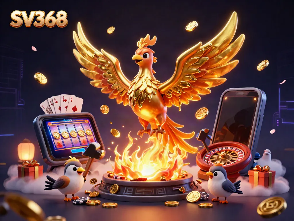 Experience thrilling gaming with SV368's golden phoenix and dynamic casino elements in this captivating illustration.