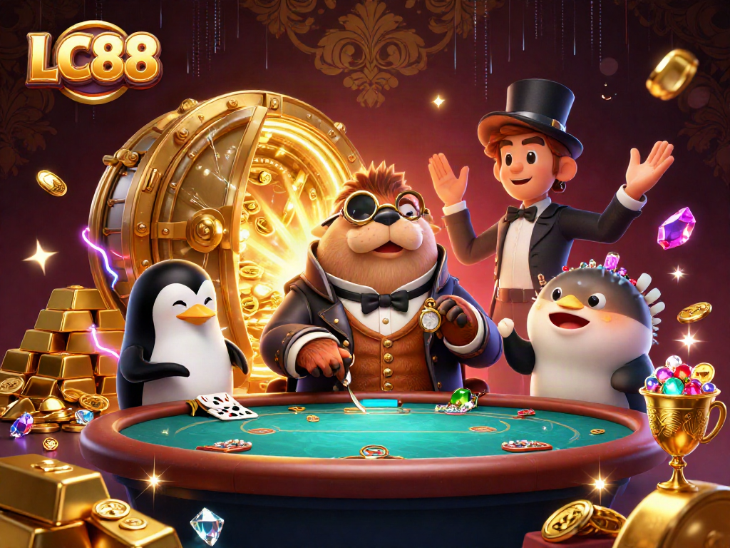 Join the exciting action at LC88 with a jolly walrus in a Victorian outfit at a poker table.
