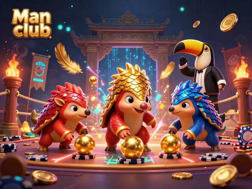 Experience the thrill of the Man club with dynamic lottery-themed pangolin characters amid shimmering golden chaos.