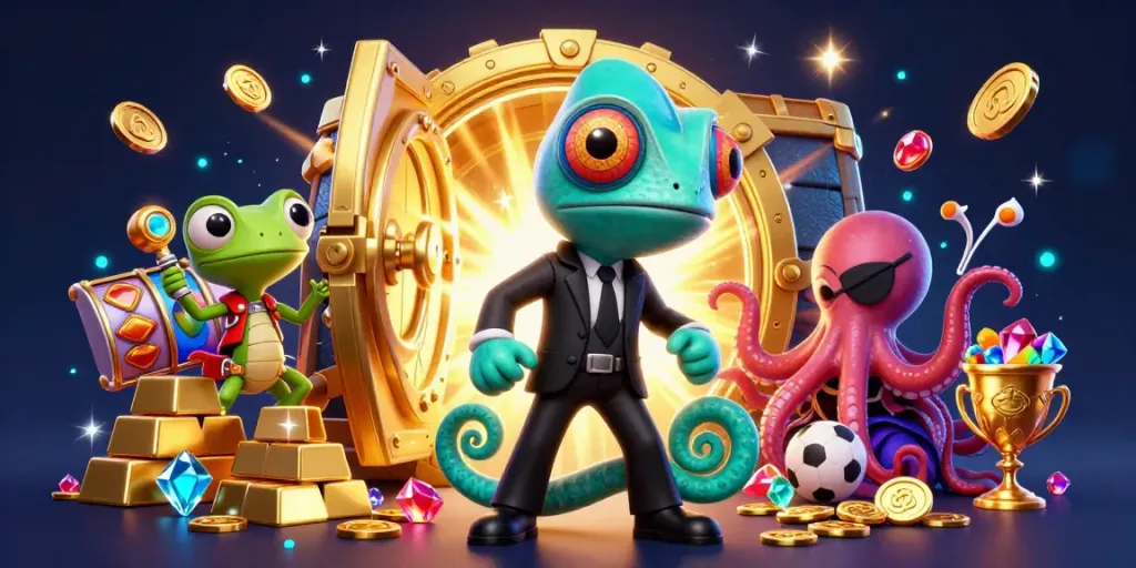 CakhiaTV offers dynamic betting experiences with a colorful illustration featuring a chameleon agent, tech-gecko, and an octopus in an exciting casino scene.