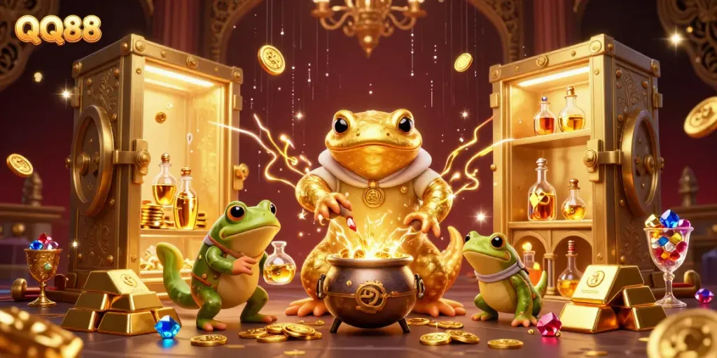 Experience QQ88's dynamic gambling world with a golden salamander alchemist turning base metals into gold.