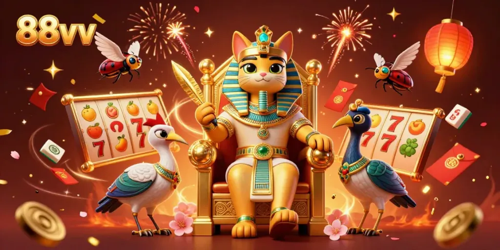 Engage with 88vv casino's vibrant world, featuring a 3D pharaoh cat among spinning slot reels and festive decorations.