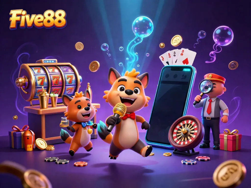 Experience Five88's vibrant casino with cartoon hyenas and dynamic gambling elements.
