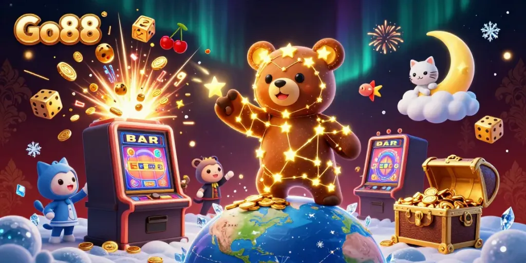 Go88 constellation bear scoops coins in a vibrant casino scene with jackpot slots and lively characters.