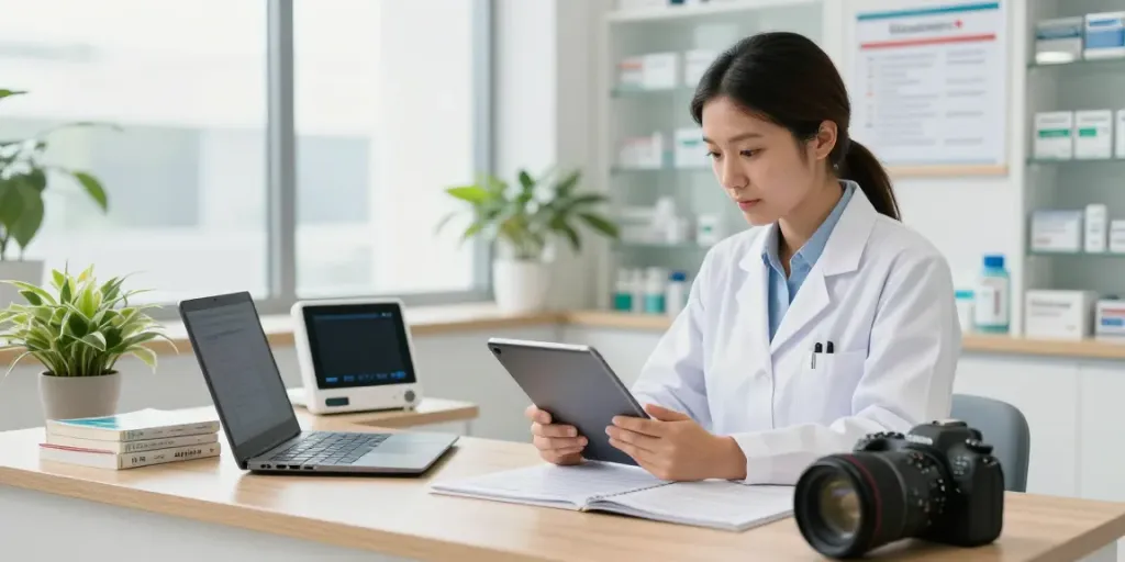 Pharmacist using a tablet to access Moh license information in modern pharmacy workspace.
