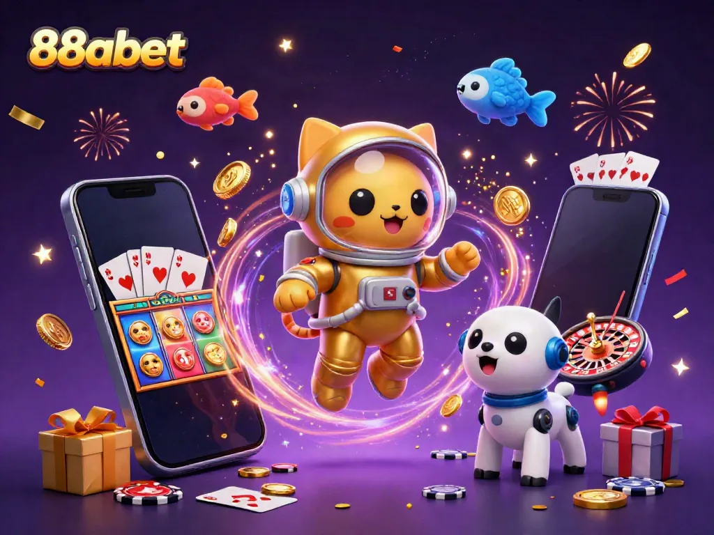 Engage with thrilling 88abet adventures featuring a space cat and robot in a colorful casino scene.