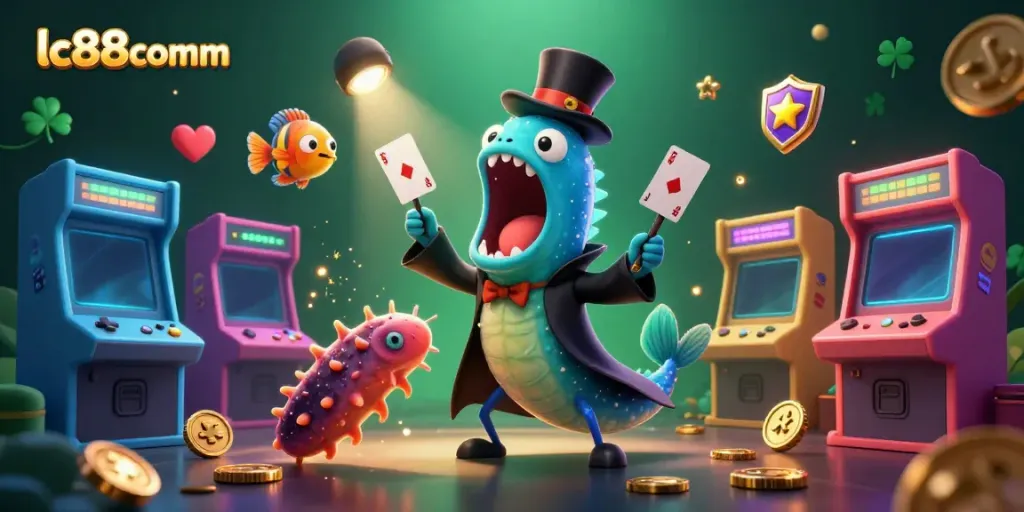 Experience thrilling gameplay at lc88comm with a 3D deep-sea fish magic act surrounded by casino elements.
