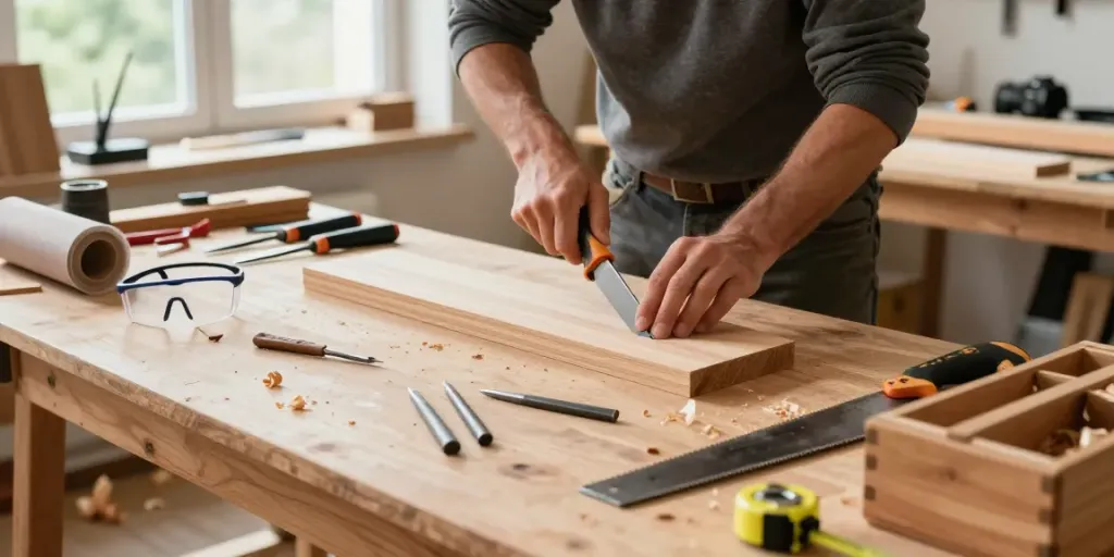 Craftsman using a festool knife in a well-lit workshop, showcasing precision and craftsmanship.