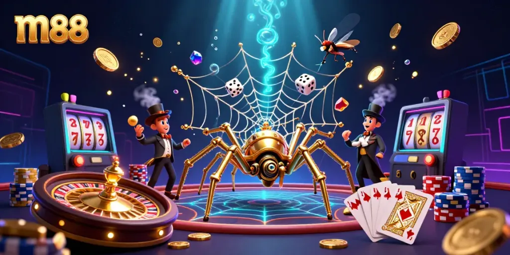 Experience m88's thrilling game atmosphere with dynamic golden visuals and whimsical characters.