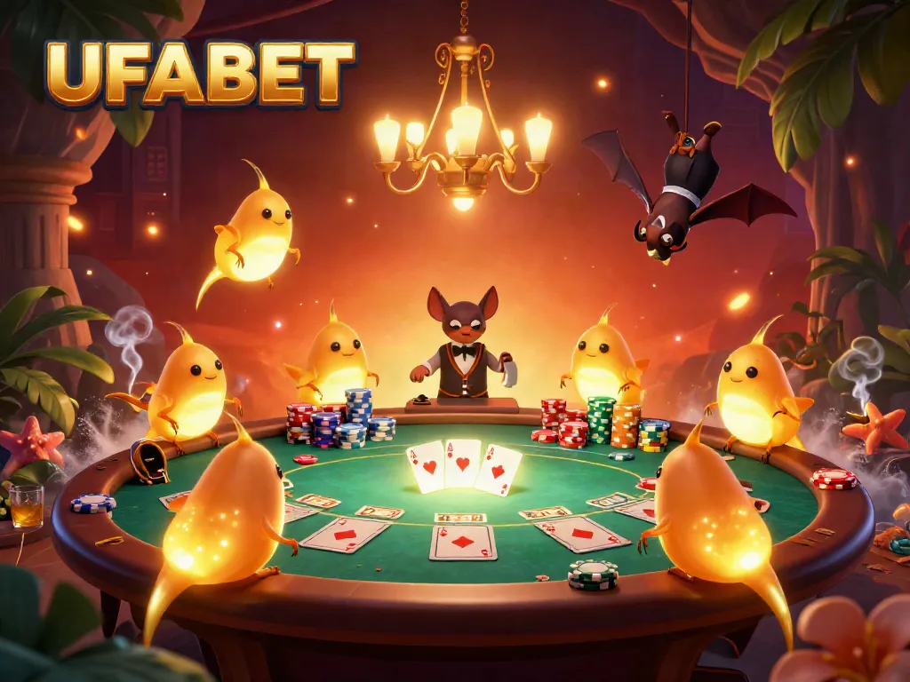 Play poker with UFABET in a vibrant cave casino illuminated by glowing glowworms.
