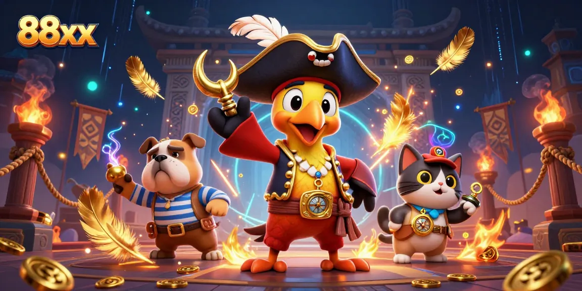 Experience thrilling gambling action with 88xx as pirate captain and friends in a vivid, dynamic setting.