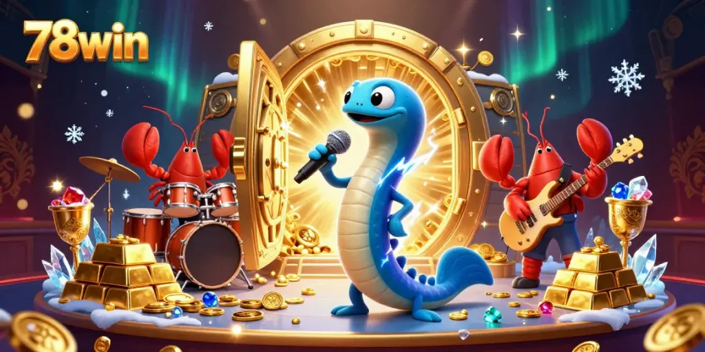 78win showcases vibrant casino entertainment with electric eel DJ and cartoon characters in a rich underwater scene.
