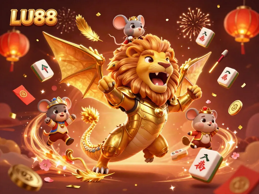 LU88 showcases a triumphant chimera creature illustrating exciting casino gameplay amidst festive elements.