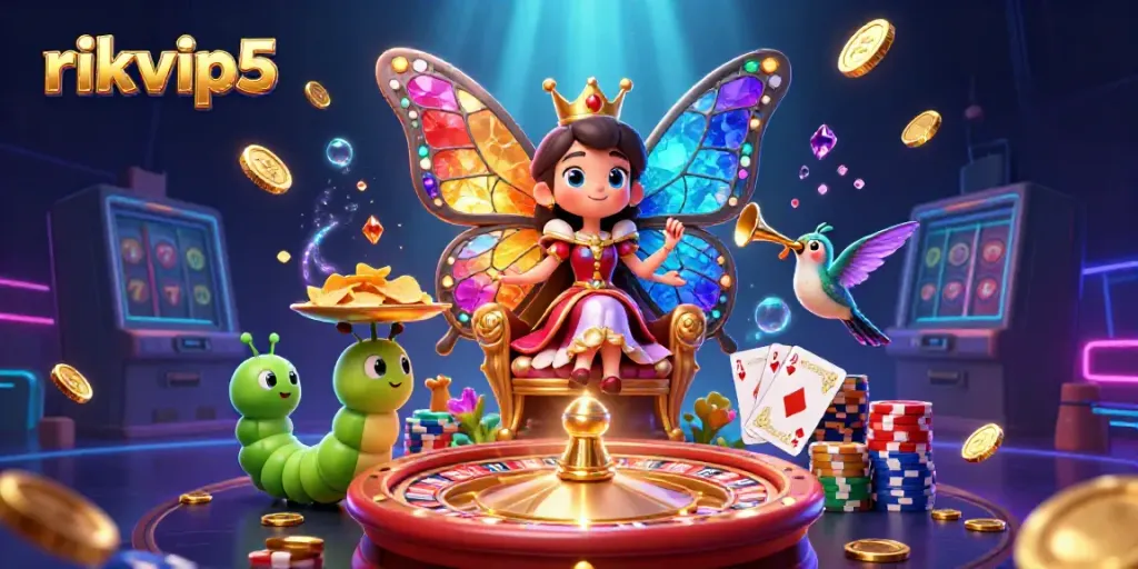 Experience thrilling gameplay with rikvip5 featuring a vibrant butterfly queen and exciting casino elements.
