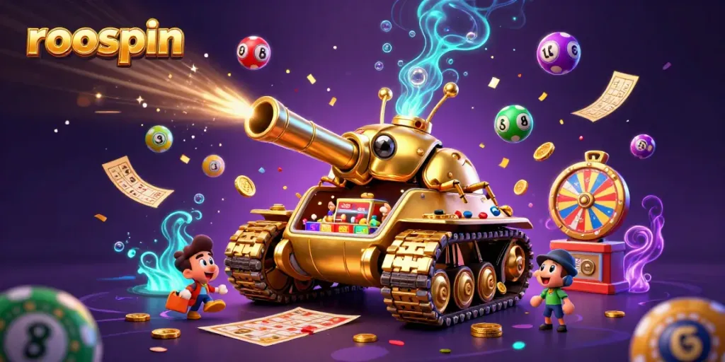 Experience the vibrant world of roospin with dynamic lottery elements and golden casino aesthetics.