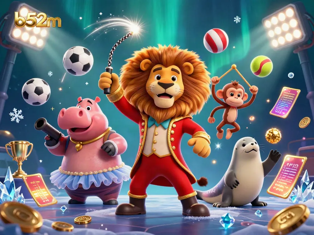 B52M showcases dynamic gaming characters in an energetic casino scene filled with gold coins and sports elements.