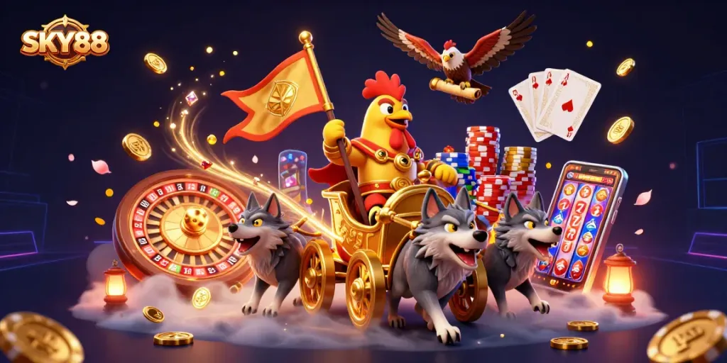 Engage with SKY88's vibrant 3D casino scene showcasing dynamic gameplay and exciting betting opportunities.