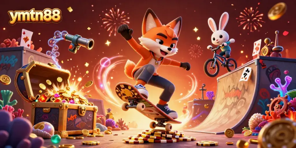 Experience the excitement of ymtn88 with vibrant casino-themed 3D animation combining skateboarding and treasure elements.