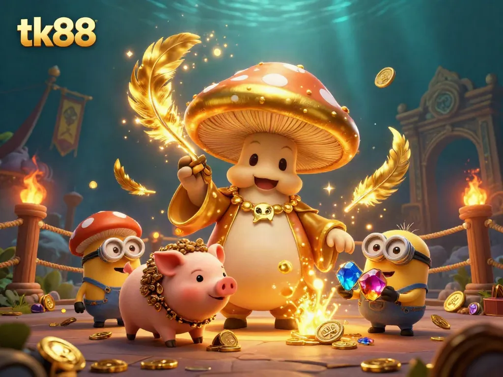 Engage in thrilling gameplay with tk88, featuring a wizard and treasure-hunting pig in an exciting casino scene.