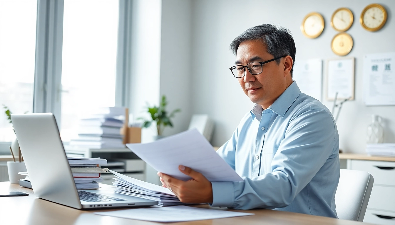 Certified translator working in a modern office with documents, laptop, and certifications.