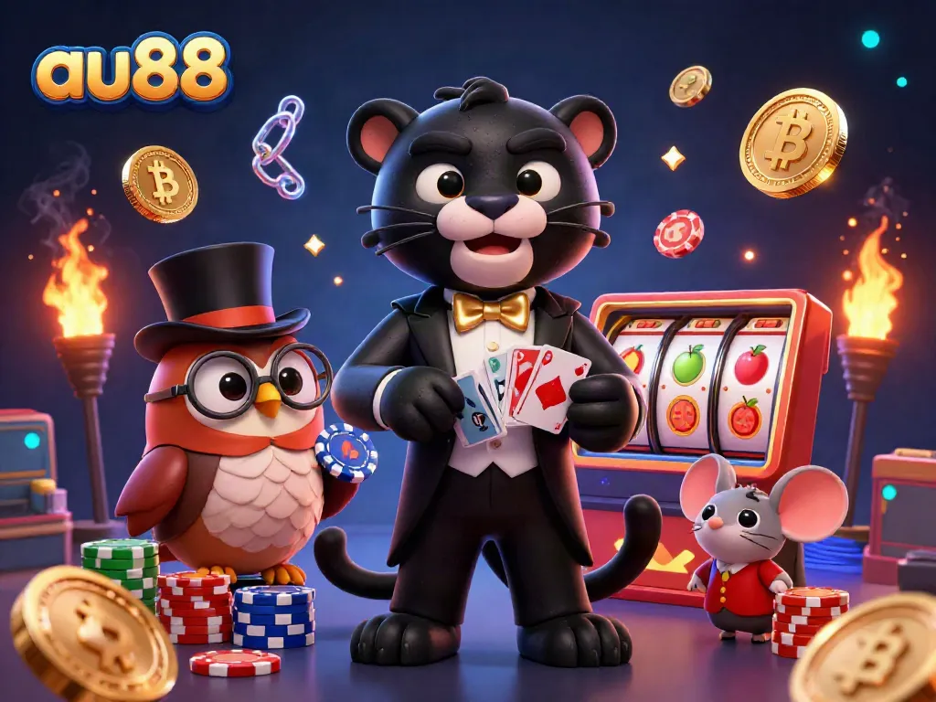 Experience the excitement of au88 with a stylish panther dealer and vibrant digital elements in a lively casino environment.