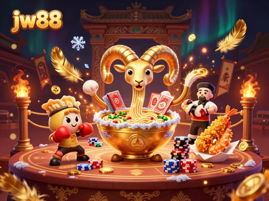 Engage with the dynamic scene of jw88 featuring a giant ramen bowl, gyoza sidekick, and lively betting elements.