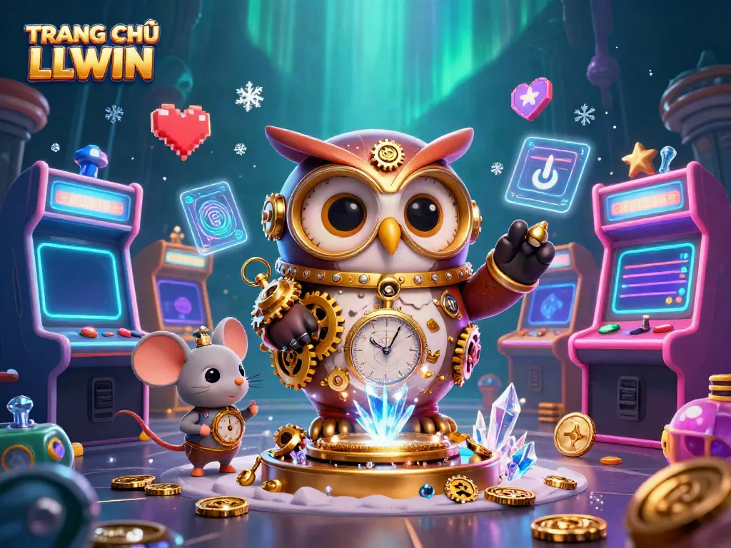 Experience sophisticated gaming thrills at TRANG CHỦ LLWIN with cartoon characters amidst vibrant casino elements.