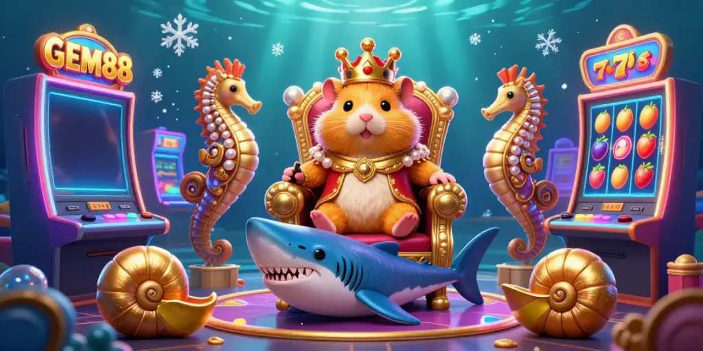 Experience the GEM88 casino thrill with a golden hamster king on a megalodon throne amid vibrant slot machines.