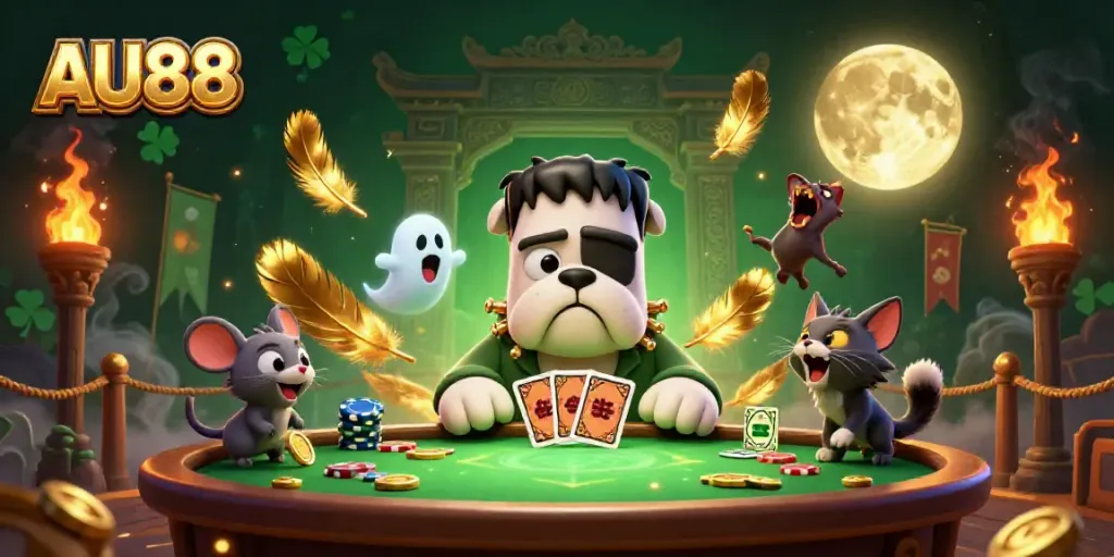 Engage in thrilling card games at AU88 featuring an exhilarating scene with unique characters and dynamic elements.