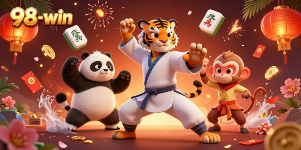 Engage in the thrill of casino gaming with 98-win's vibrant 3D tiger, panda, and monkey illustration.