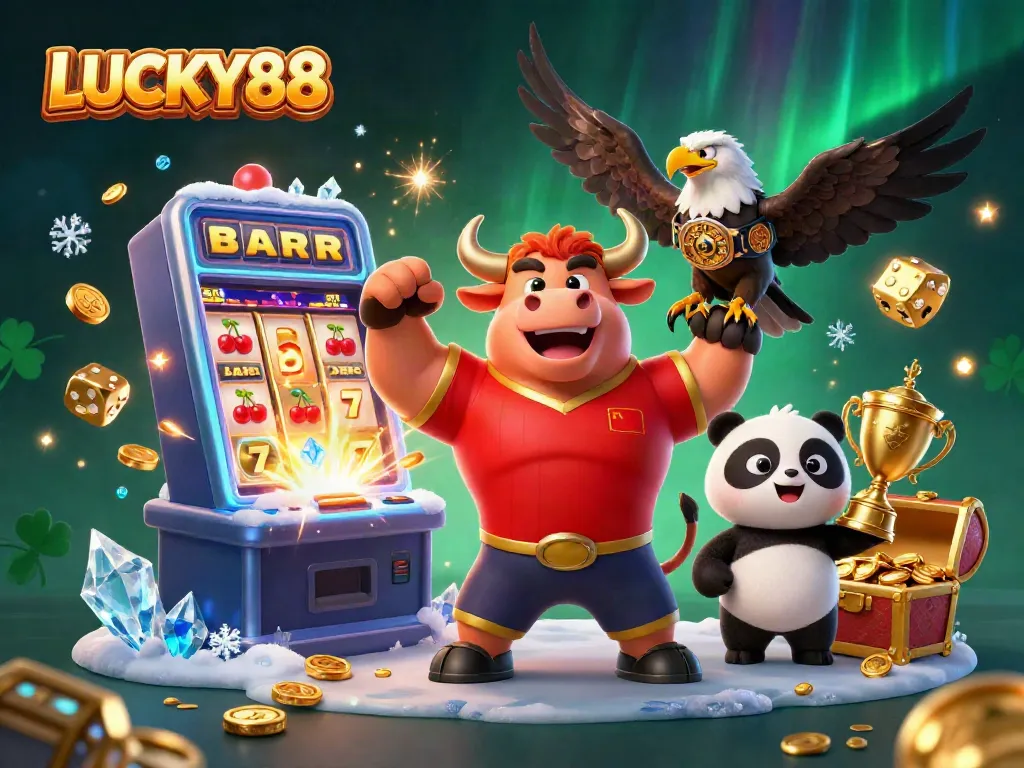 Experience LUCKY88's thrilling jackpot excitement with festive characters and dazzling casino elements.