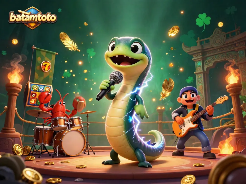 Engage in vibrant batamtoto gameplay with electric eel DJ and dynamic underwater casino scene.