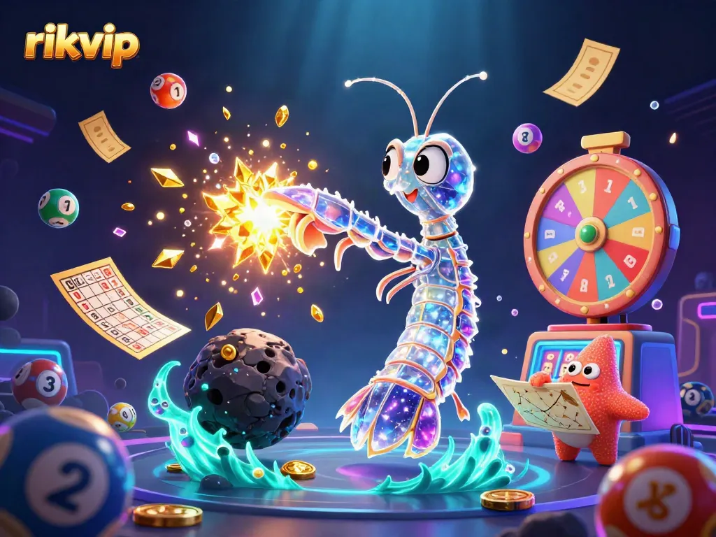 Experience the excitement of rikvip with vibrant lottery balls and dynamic casino elements in a 3D illustration.