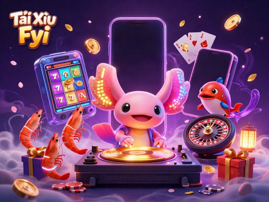 Tài Xỉu Fyi features a vibrant scene with neon axolotl DJ, shrimp dancers, and casino fun.