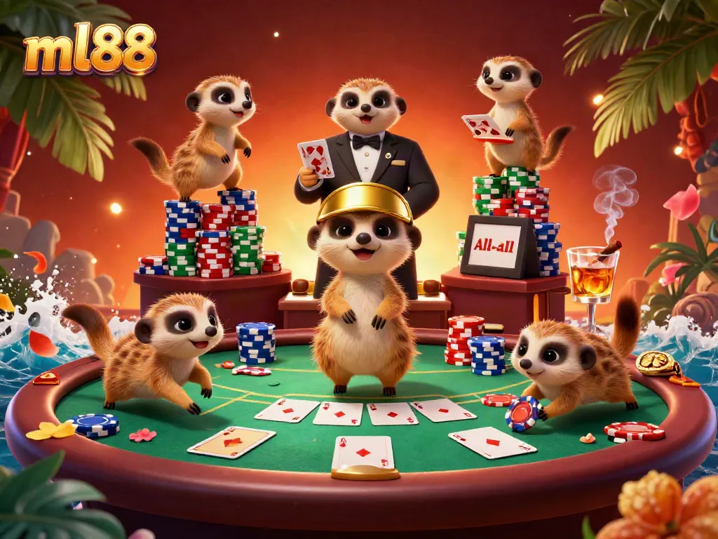 Meerkats engage in a lively casino scene, featuring ml88 branding and vibrant poker elements.